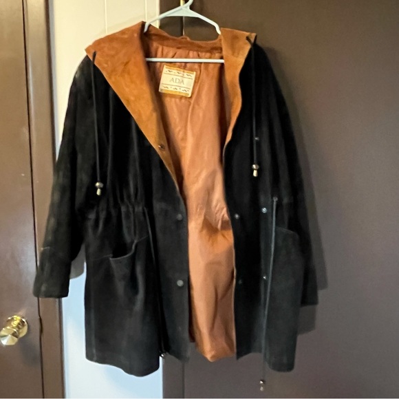 VTG Genuine Leather Suede Jacket Hoodie Coat Drawstring Waist Black Snap Closure - Picture 2 of 11